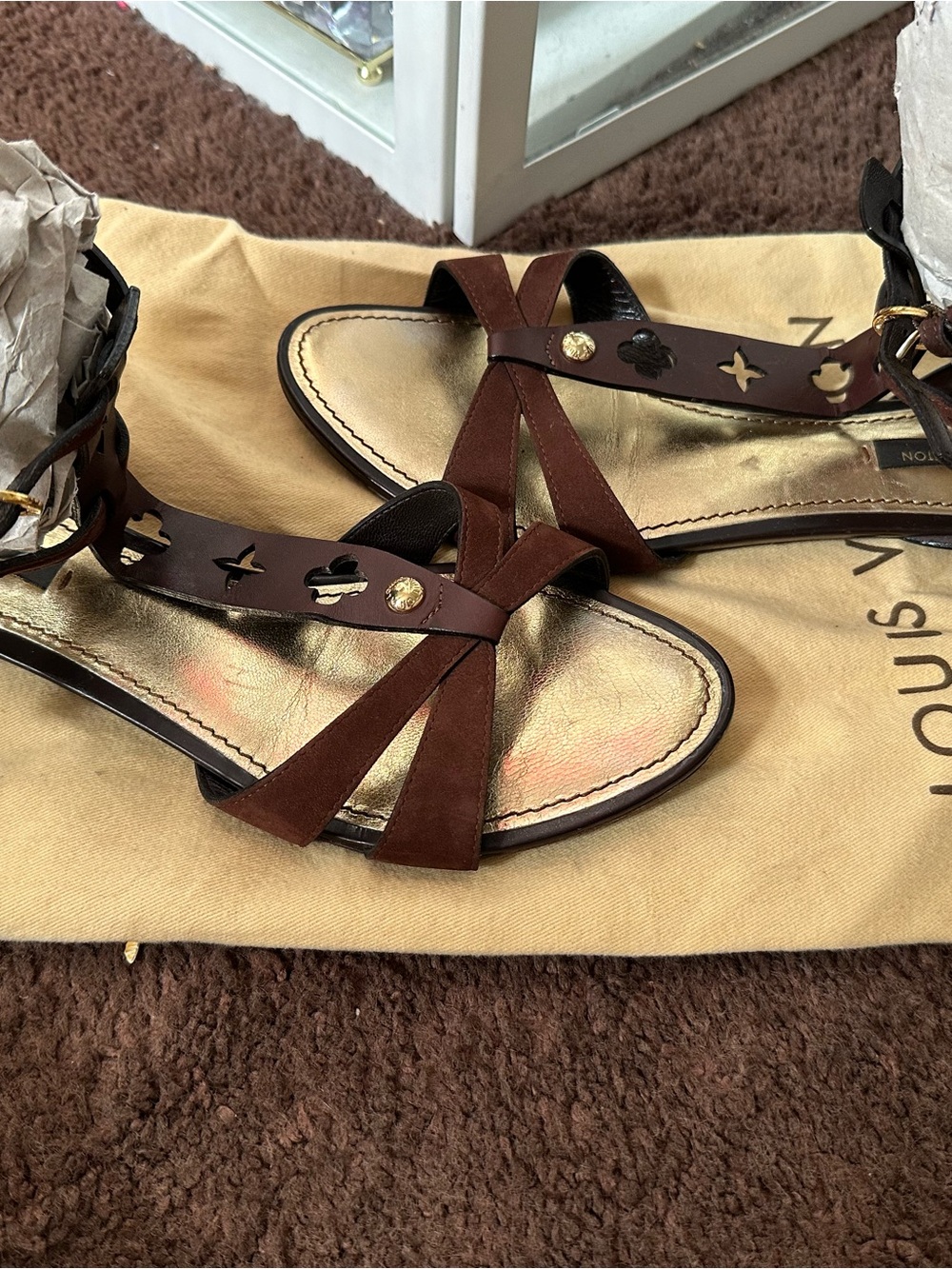 Louis Vuitton Brown Suede & Gold Leather Cross-Strap Sandals